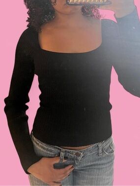 Black Square Neck Ribbed Sweater